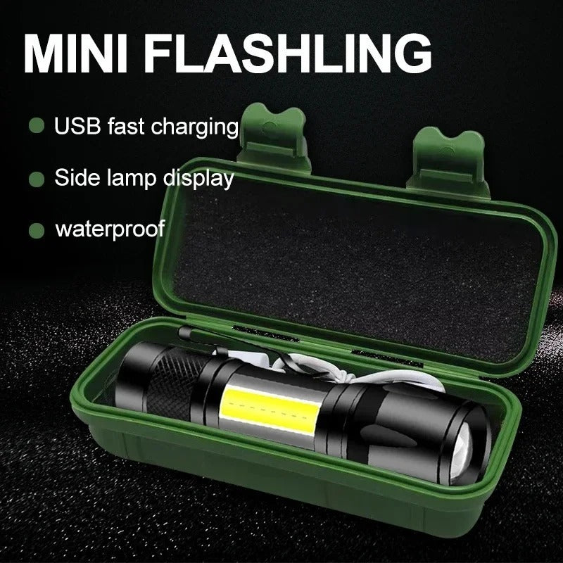Portable LED Flashlight – Mini Rechargeable Torch with Side Light & Waterproof Metal