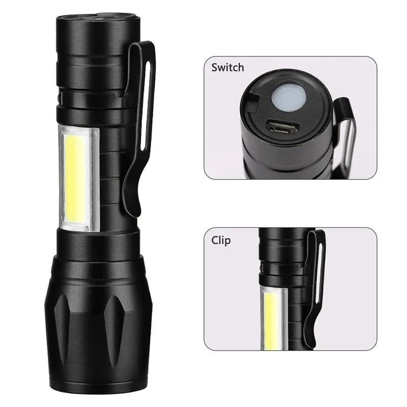 Portable LED Flashlight – Mini Rechargeable Torch with Side Light & Waterproof Metal
