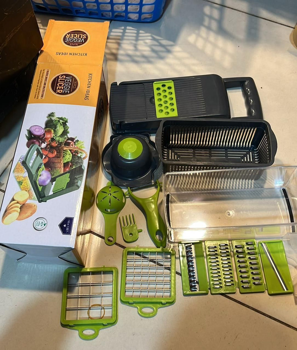 16-In-1 Multifunctional Vegetable Chopper & Slicer with Colander Basket and Storage Container – Heavy Duty Manual Food Cutter & Dicer